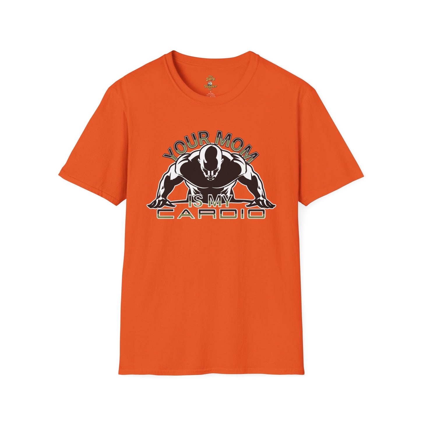 Funny t shirt for dads featuring the phrase 'Your Mom Is My Cardio' in bold graphic design on an orange tee.