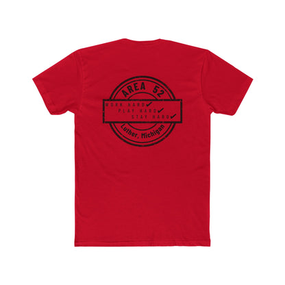 Area 52 Luther MI Stamp T-Shirt — "Work Hard Play Hard Stay Weird" Vintage Badge Tee