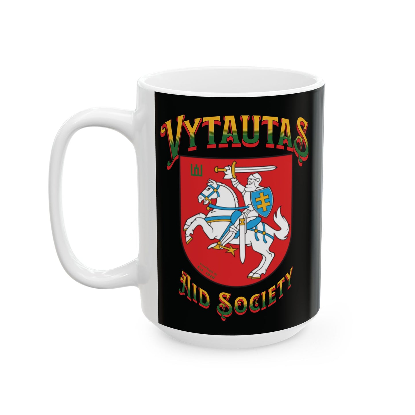 Vytautas Black Mug 1- Vytautas Aid Society of GR MI,  Vytautas Crest Coffee Cup ( 15oz)