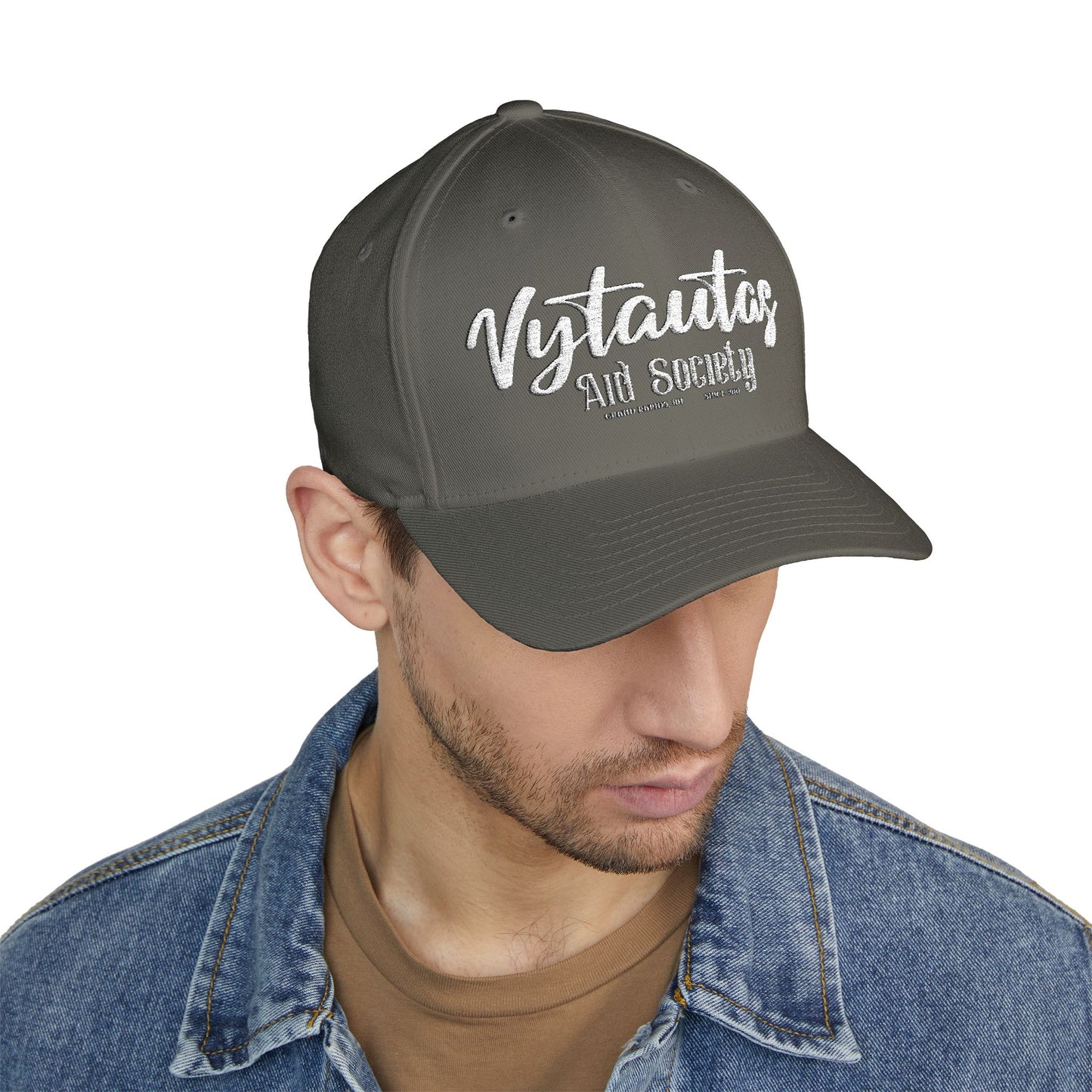 Vytautas Fitted Embroidered Cap — Retro Script Logo Fitted Baseball Hat