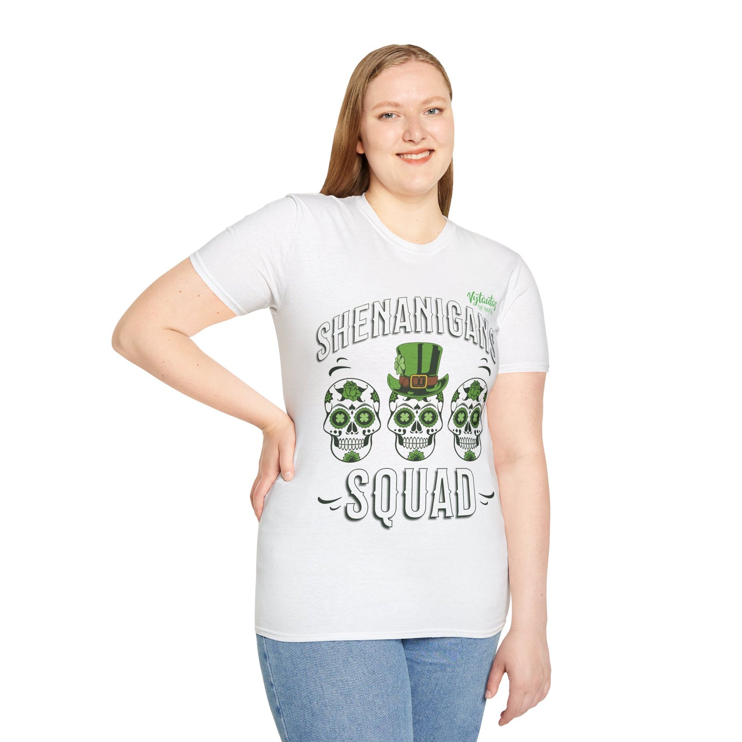 Vytautas St. Patrick's Day Leprechaun T-Shirt — "Shenanigans Squad" Sugar Skull Design