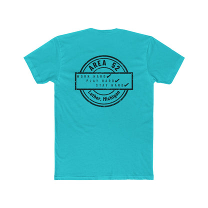 Area 52 Luther MI Stamp T-Shirt — "Work Hard Play Hard Stay Weird" Vintage Badge Tee