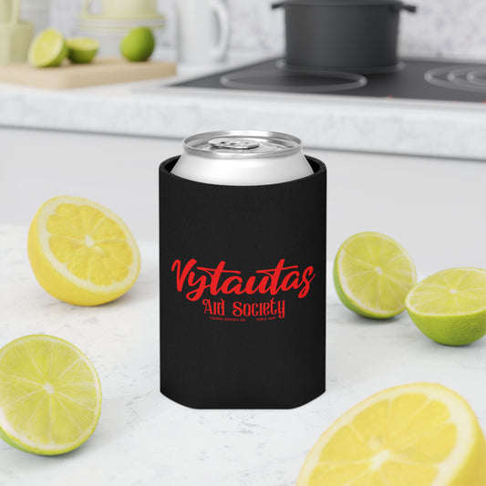 Can Cooler – Vytautas Aid Society Red Script Logo