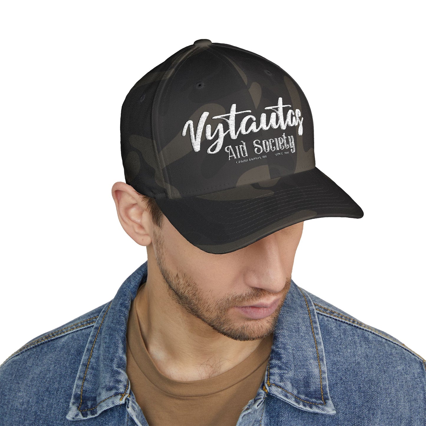 Vytautas Fitted Embroidered Cap — Retro Script Logo Fitted Baseball Hat