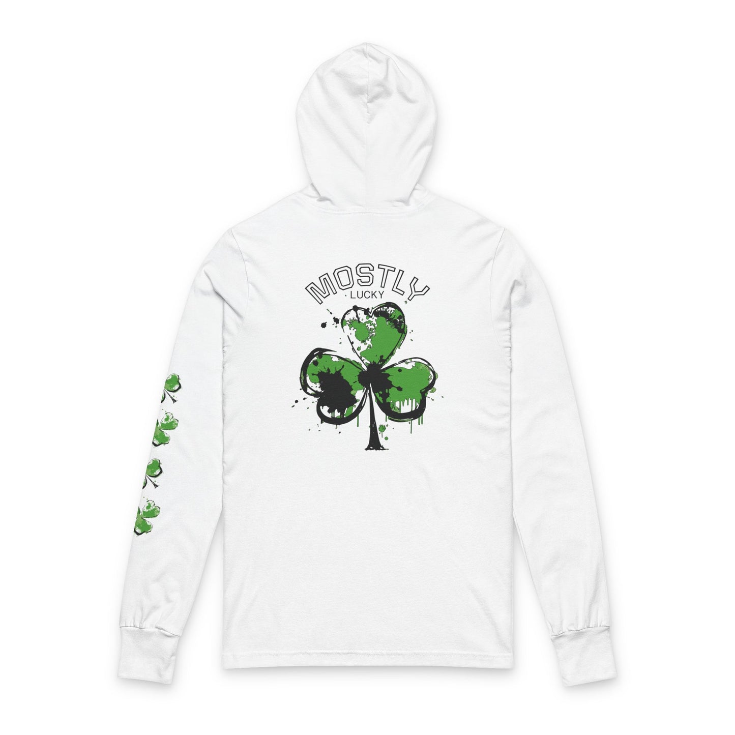 St. Patrick's Shamrock Hooded Long Sleeve Tee — 'Mostly Lucky' Graphic