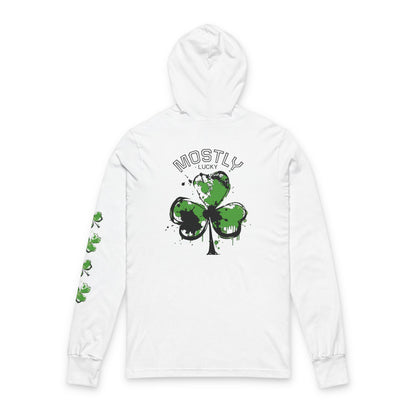 St. Patrick's Shamrock Hooded Long Sleeve Tee — 'Mostly Lucky' Graphic
